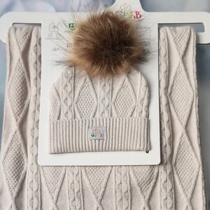 NYGB Baby Blanket & Hat Set – Beige Cable Knit with Faux Fur Pom, 2-Piece